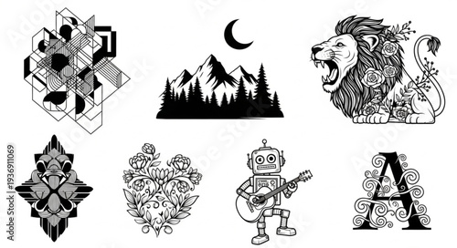 Collection of artistic illustrations featuring diverse subjects in black and white style.
