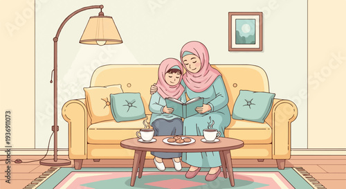Muslim mother and daughter wearing hijabs reading a book together on a cozy sofa in their living room, sharing a warm family moment with tea and cookies.