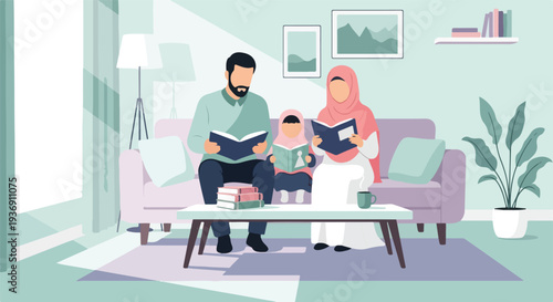 Muslim family enjoying quality time at home, reading books together on a cozy sofa in a modern living room, depicting education, bonding, and domestic life.