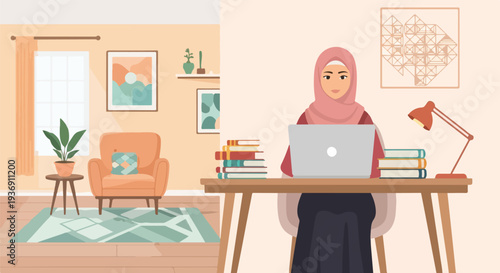 Young Muslim woman in hijab working on a laptop at a desk in a cozy home office, flat illustration