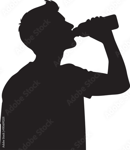 Silhouette young man drinking beverage, refreshing himself from bottle