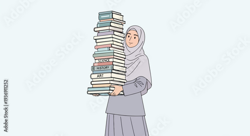 Young Muslim woman in hijab holding a large stack of books, symbolizing knowledge and education