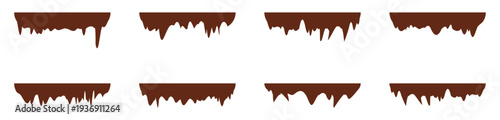 Chocolate dripping border set isolated on white background. Pouring chocolate dripping border isolated on transparent background. Melted chocolate wave texture. 