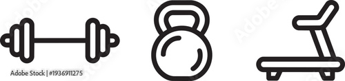 Fitness and gym equipment vector icons including dumbbell kettlebell and treadmill illustrations