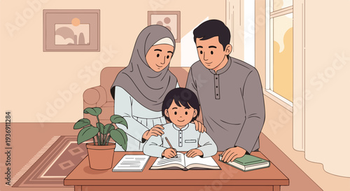 Muslim family happily helping their child with homework at home, illustration of education and togetherness