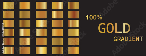Collection from 100 vector gold gradients with color codes, Clean golden glossy materials. Realistic vector illustration.