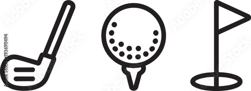 Golf sport equipment icons featuring a golf iron, ball on tee, and flag in hole