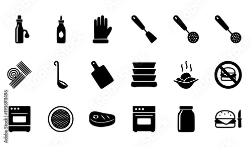 Solid Kitchen Cooking Tools And Food Vector Icon Set