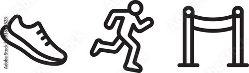 Running and marathon set with sneaker runner silhouette and finish line ribbon icons graphics