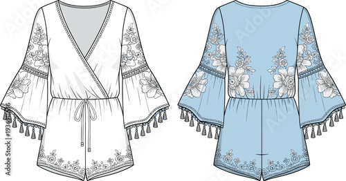 Women floral embroidered romper illustration, boho tassel sleeve playsuit front and back fashion design template