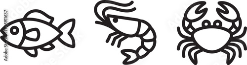 Seafood icons featuring fish, shrimp, and crab, representing marine life
