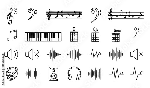Linear Music Icon Pack – Notes, Clefs, and Audio Symbols Vector