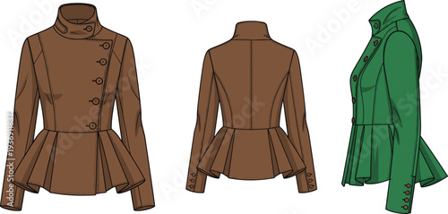Women vintage peplum jacket illustration, brown and green tailored coat front back side view fashion design template