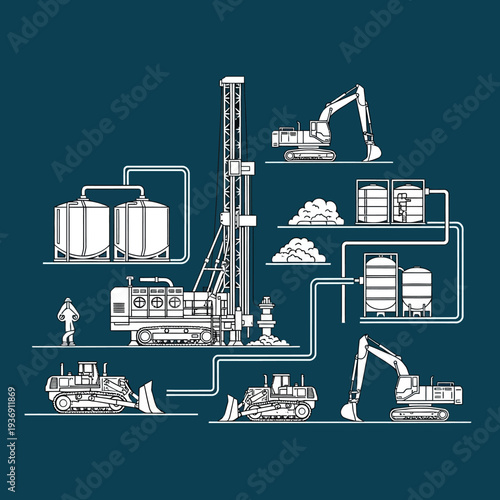 Industrial drilling and excavation operations with heavy machinery.