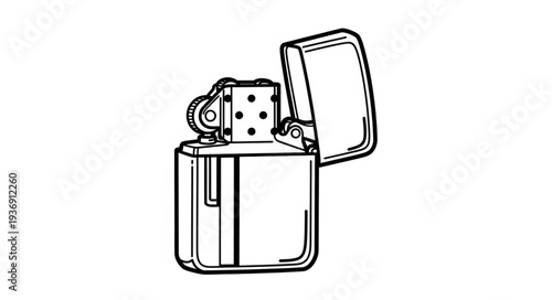 Detailed black and white illustration of a classic metal lighter with its top open.