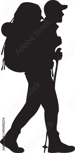 Silhouette of hiker with backpack, walking with trekking pole in nature