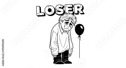 Depressed child with a balloon, symbolizing sadness and the feeling of being a loser.