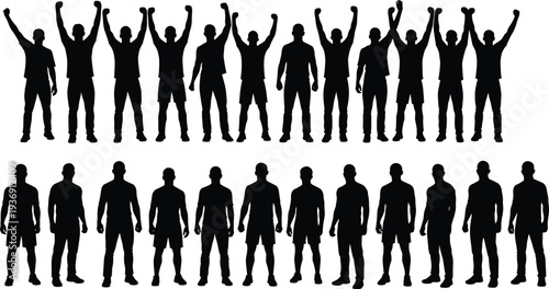 Group of men silhouettes standing and celebrating with raised arms crowd people vector illustration isolated human character collection