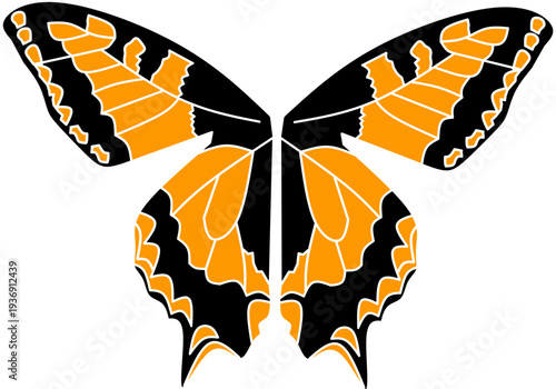 Butterfly wings symmetrical orange black. Monarch style insect vector illustration.