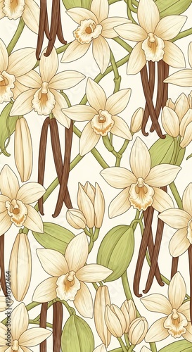 Seamless Pattern of Vanilla Orchids and Pods Botanical Illustration.