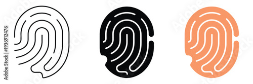 Fingerprint line icon with scan and thumbprint identification symbol, minimalist biometric security vector graphics in linear style on white background for