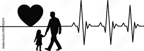 Father and daughter silhouette walking with heart and heartbeat line symbolizing love family care health life support concept