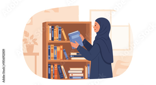 Young Muslim woman in hijab choosing a book from a bookshelf in a cozy library or home setting