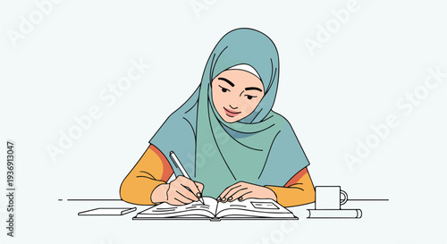 Young Muslim woman in hijab diligently studying and writing notes in a book at her desk, symbolizing education, learning, and productivity.
