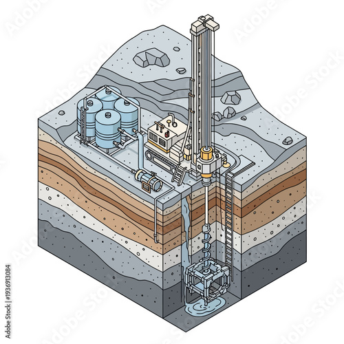 Isometric Cross-Sectional View of a Geothermal Drilling Operation.