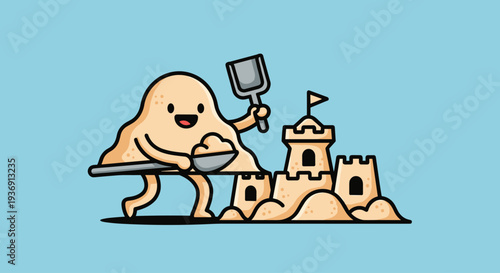 Cartoon Octopus Building Sandcastle on Beach.