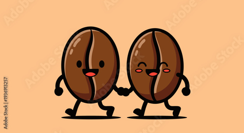 Two Cartoon Coffee Beans Holding Hands.