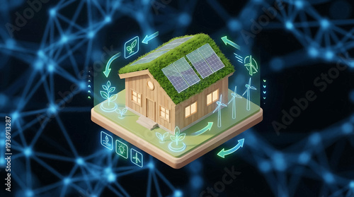 Modern Eco-House with Solar Power and Green Roof connected to a Digital Network, symbolizing Sustainable Energy Management and Smart Home Technology