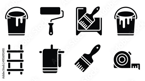 Silhouette icons of painting tools including paint cans, brushes, rollers, and tape, vector illustrations perfect for home improvement