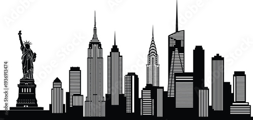 New York City skyline silhouette with Statue of Liberty Empire State Building and Manhattan skyscrapers vector illustration landmark cityscape