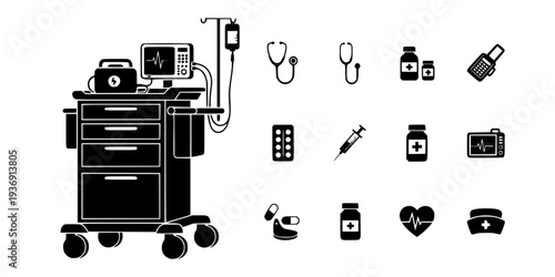 Medical Crash Cart Emergency Trolley Icon