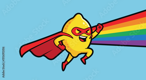 Cartoon Superhero Character Flying with Rainbow.