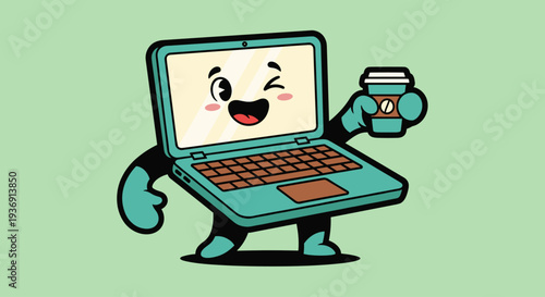 Cartoon Laptop Character Holding Coffee Mug.