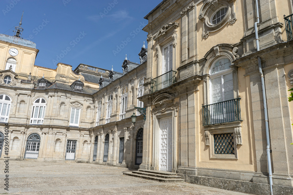 Fototapeta premium Elegant architecture of a historic palace courtyard.. Royal Palace of La Granja de San Ildefonso, Spain