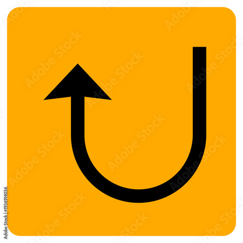 Black U-turn Upward Arrow Icon on Yellow Rounded Square for Reversal or Return