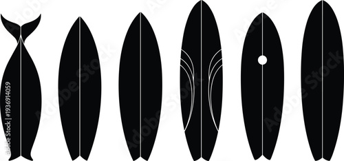 Surfboard silhouette set with different board shapes including longboard fish and shortboard surfing equipment vector illustration collection