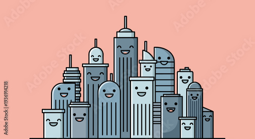 Cartoon Buildings with Smiling Faces Illustration.