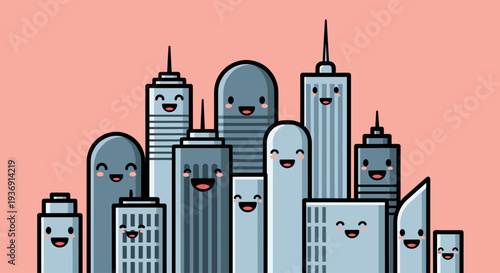 Cartoon Cityscape with Smiling Buildings and Skyscrapers.