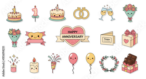 Kawaii Happy Anniversary Sticker Set, Cute Wedding Celebration Elements, First Anniversary Vector Illustration, Romantic Pastel Party Doodles Collection