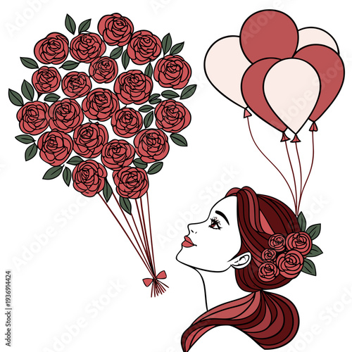 Red haired woman looking up at heart shaped balloons and bouquet of roses