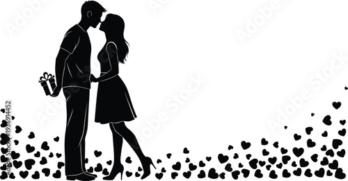 Romantic couple silhouette kissing with gift and scattered hearts love valentine relationship vector illustration isolated design concept