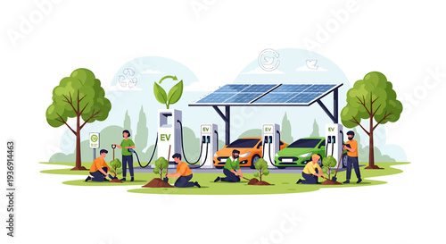 Community Garden Scene With Volunteers And Solar Shelter. Vector Illustrations. EPS Editable