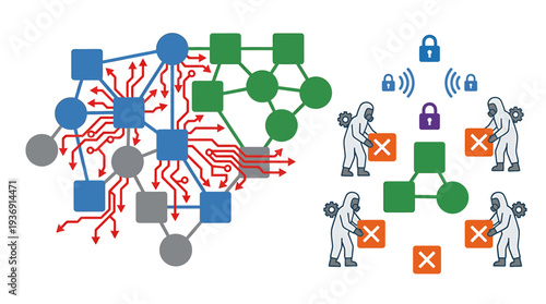 Complex Technology Network Diagram With People and Data Nodes. Vector Illustrations. EPS Editable