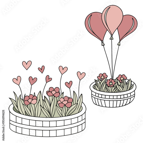 Of two planters with pink flowers and heart shaped balloons