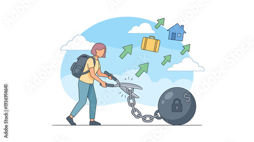 Business Person Struggling With Debt Weight And Floating Money. Vector Illustrations. EPS Editable