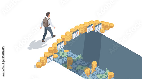 Businessperson Navigates Financial Risk and Investment Decisions. Vector Illustrations. EPS Editable